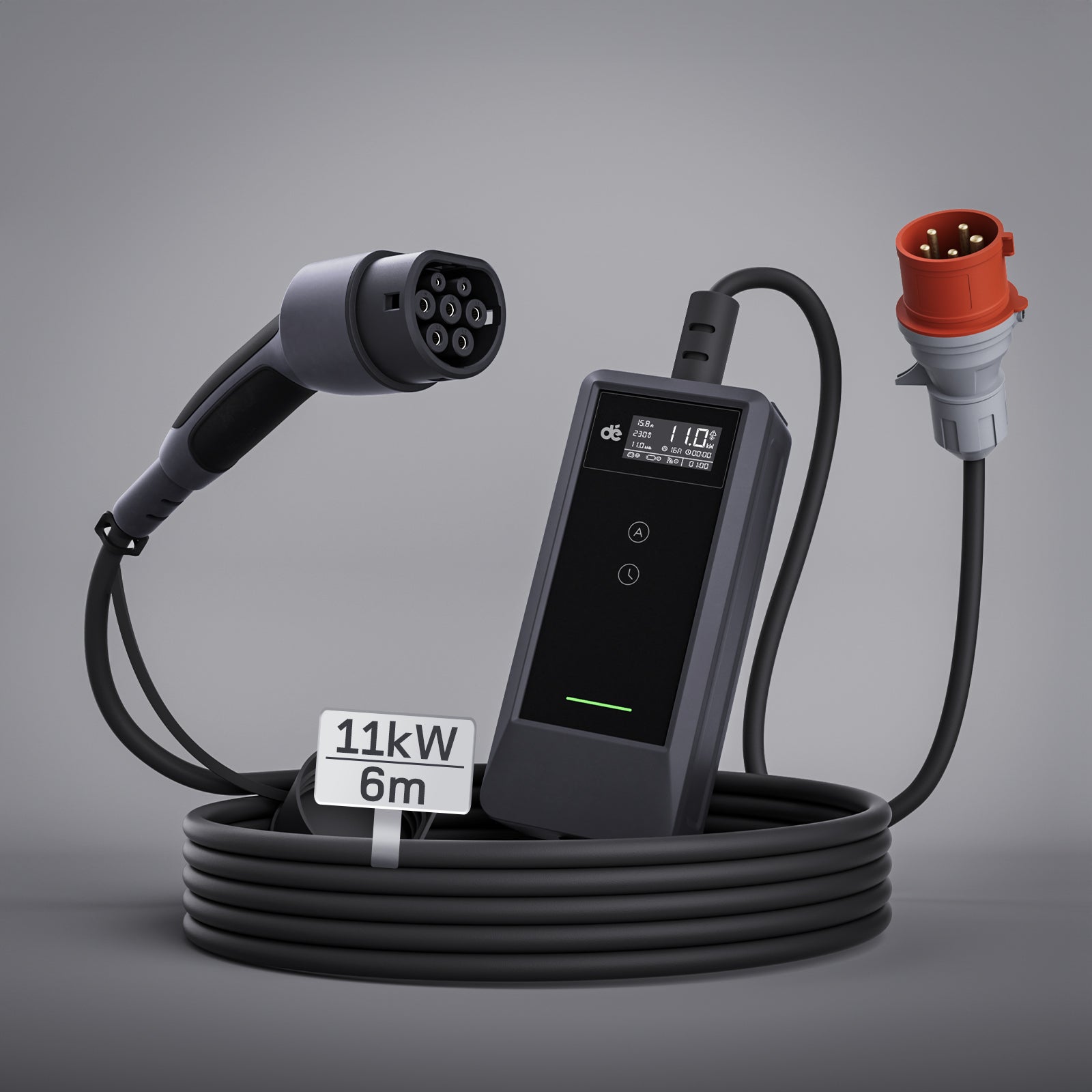 Mobiles 11 kW EV-Ladegerät Typ 2 mit rotem CEE16 Stecker und 6m Kabel einstellbar von 6 bis 16A