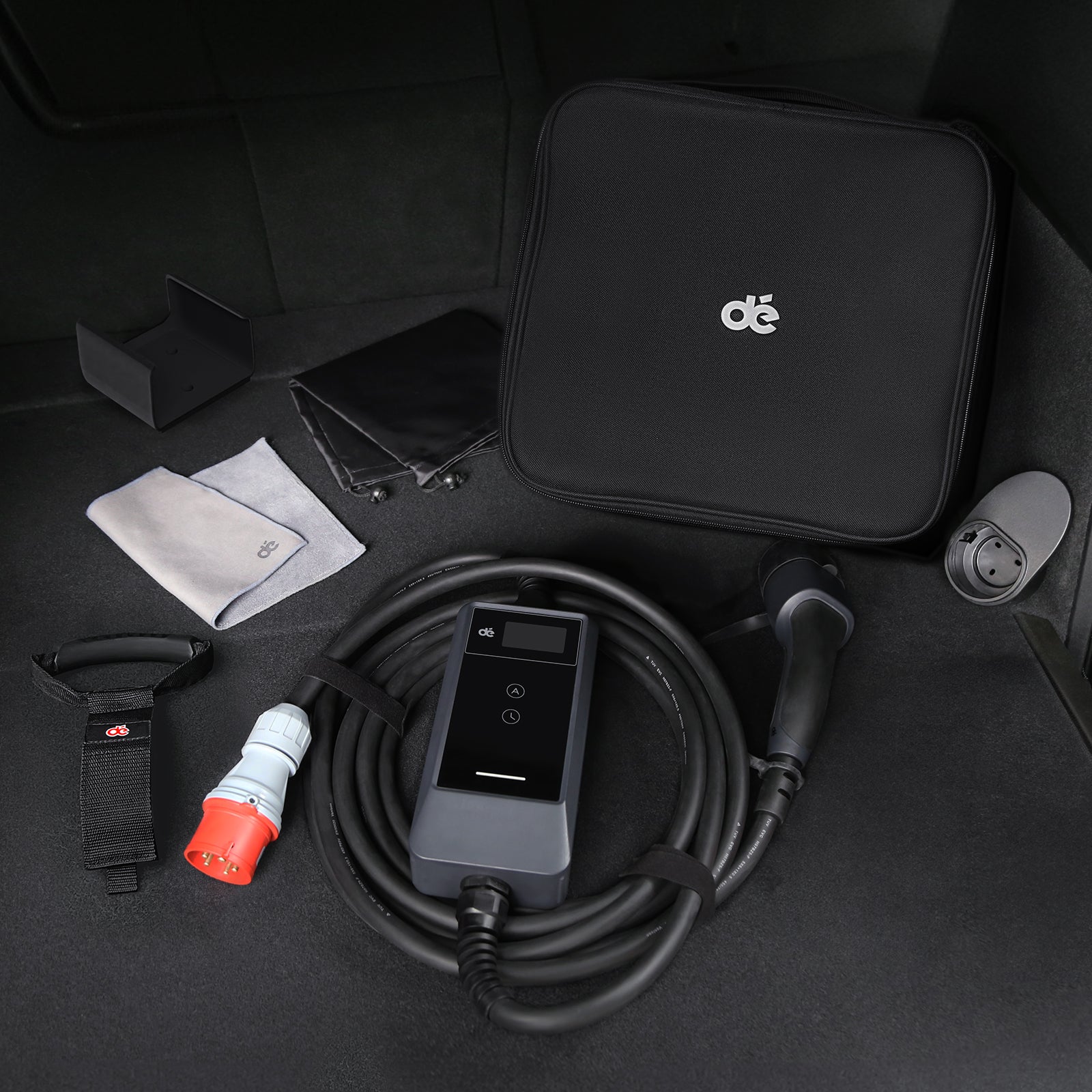 Mobiles 11 kW EV-Ladegerät Typ 2 mit rotem CEE16 Stecker und 6m Kabel für flexibles Laden von Elektrofahrzeugen mit 6-16A einstellbarer Stromstärke