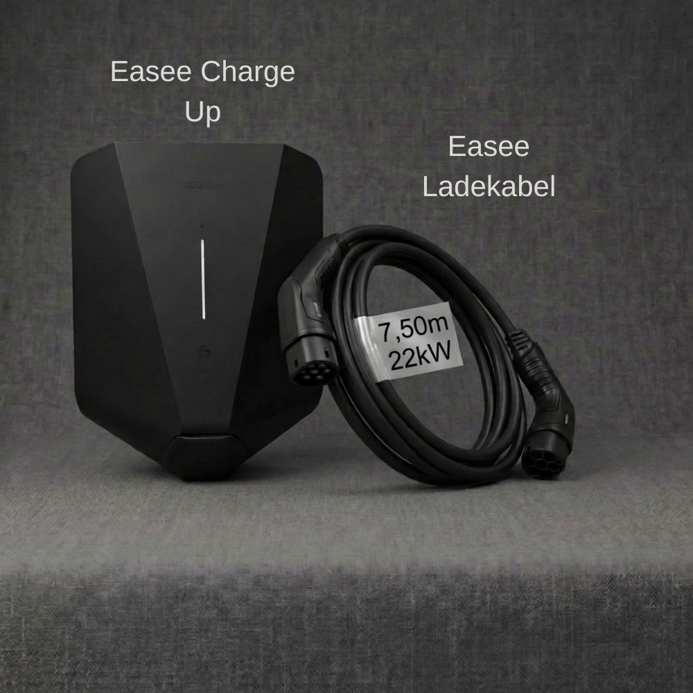 Easee Charge Up Wallbox Komplettangebot mit 7,5m Typ-2-Ladekabel für effizientes Laden von Elektroautos im privaten und gewerblichen Bereich