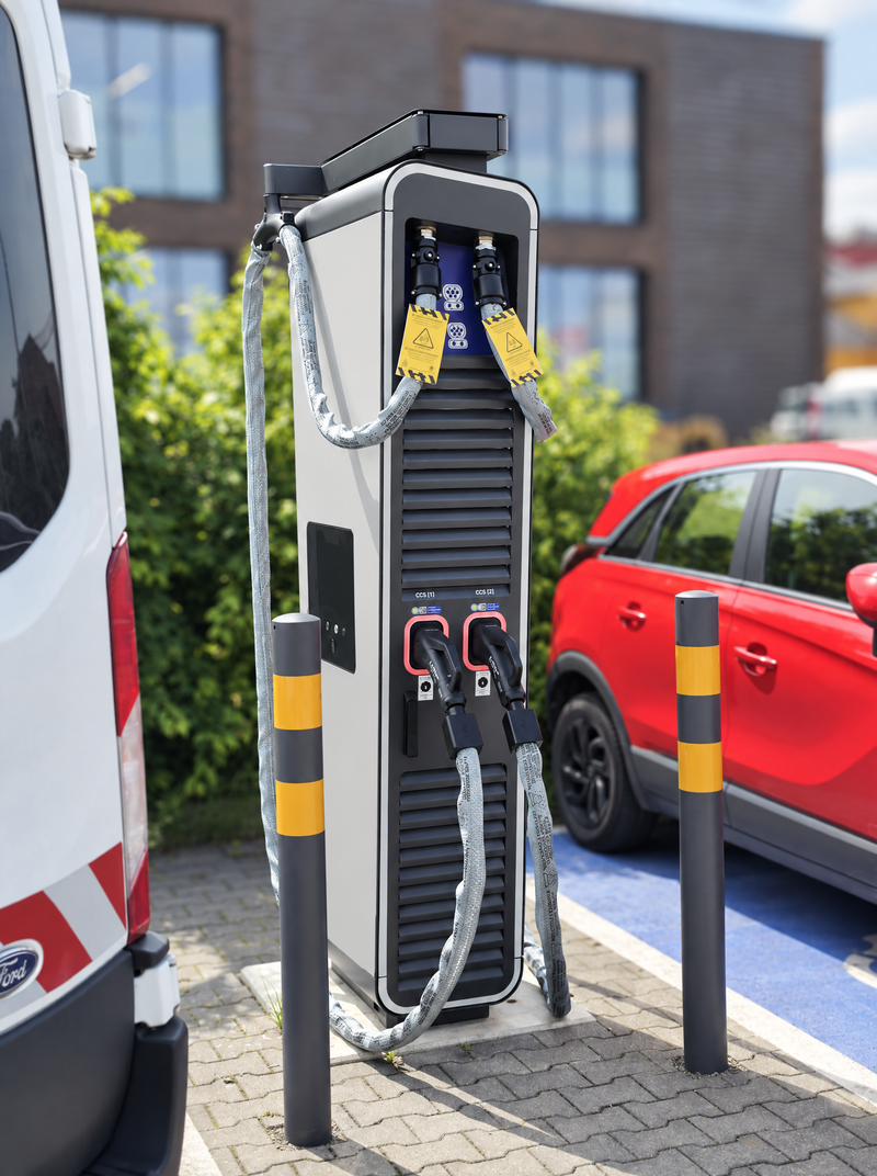 Alpitronic Hypercharger mit GRIDZON Universal Kabelschutz an beiden Ladekabeln – Diebstahlschutz für HPC-Ladekabel